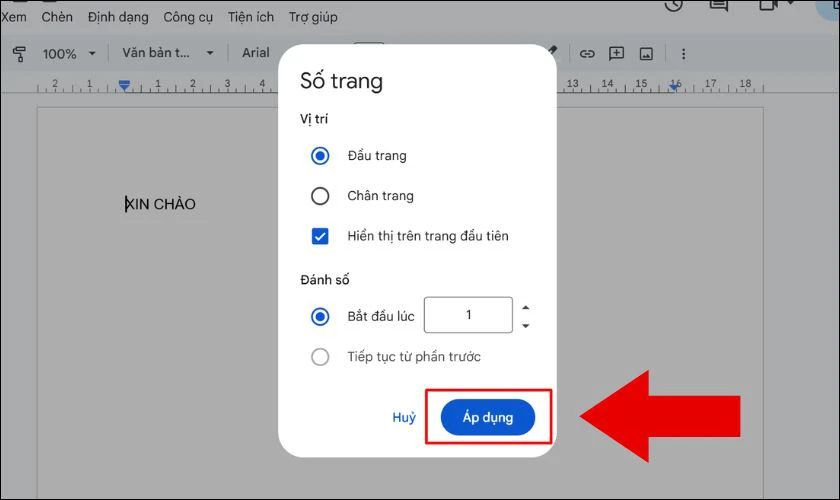 Nhấn “Áp dụng” để lưu các thay đổi
