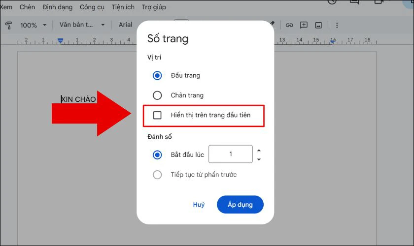 Bỏ chọn Hiển thị trên trang đầu tiên
