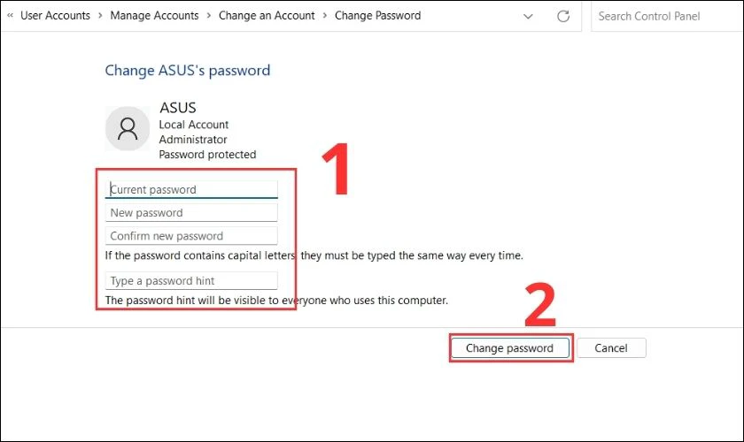 Nhập mật khẩu mới để thay đổi mật khẩu máy tính