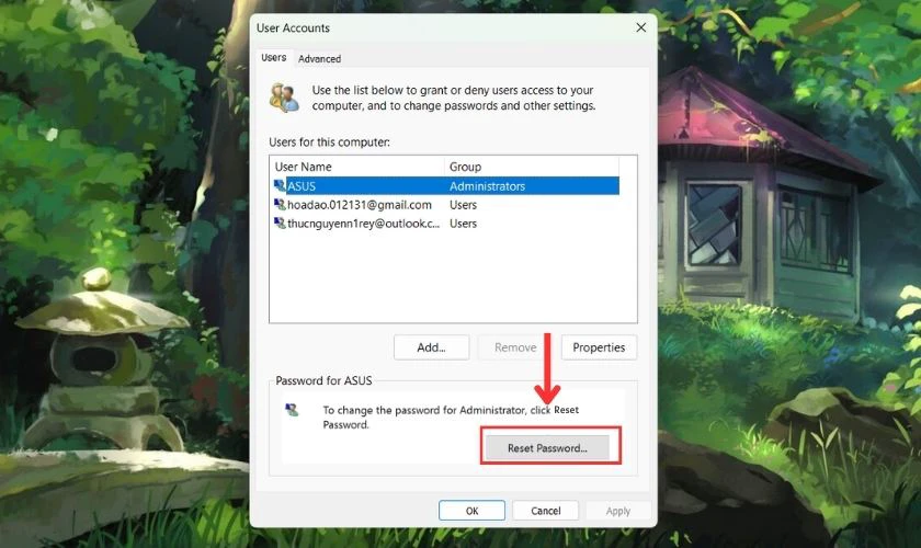 Mở hộp thoại User Account để thay đổi password cho máy tính