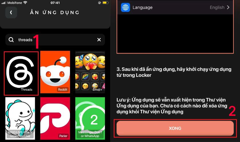 Chọn hoặc tìm kiếm ứng dụng cần ẩn đi, nhấn Xong