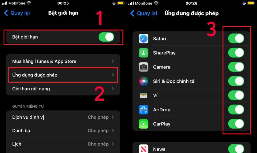 Chọn những mục muốn kiểm soát và thiết lập mã khóa
