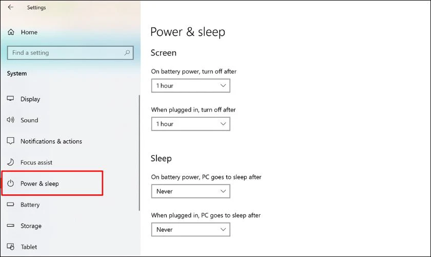 Chọn vào Power & Sleep