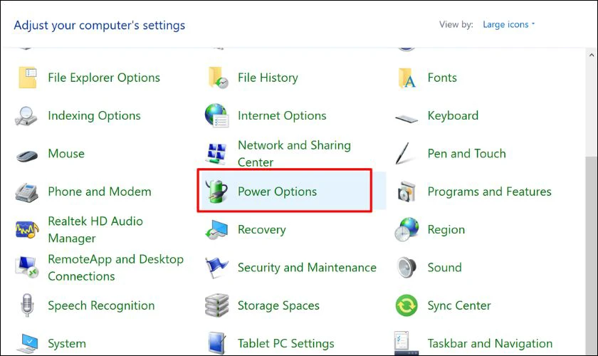 Nhấn chuột vào nút Power Options