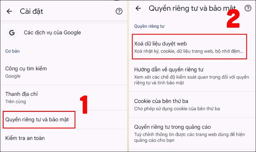 Nhấn chọn Quyền riêng tư và bảo mật