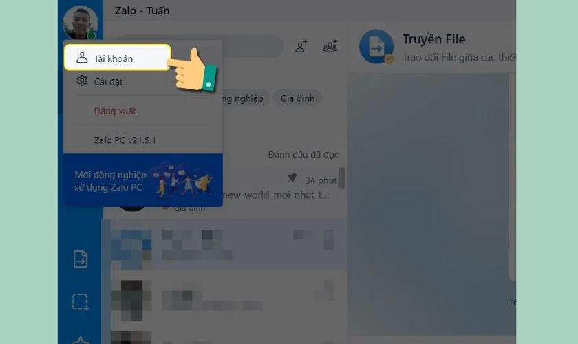 Chọn Tài khoản từ menu xuất hiện