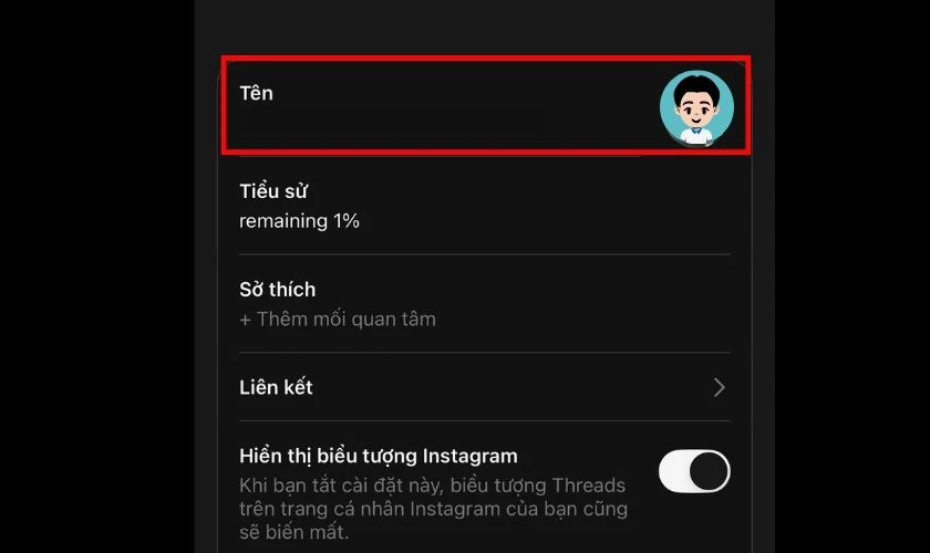 Nhấn vào ảnh đại diện hiện tại