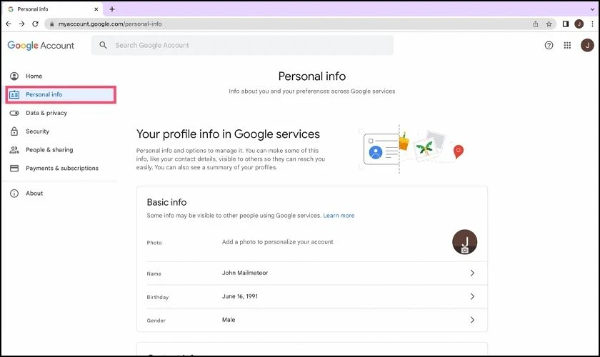 Cách đổi địa chỉ Gmail trên Google sang tên Gmail mới - Bước 1: Truy cập tài khoản, mở mục Thông tin cá nhân