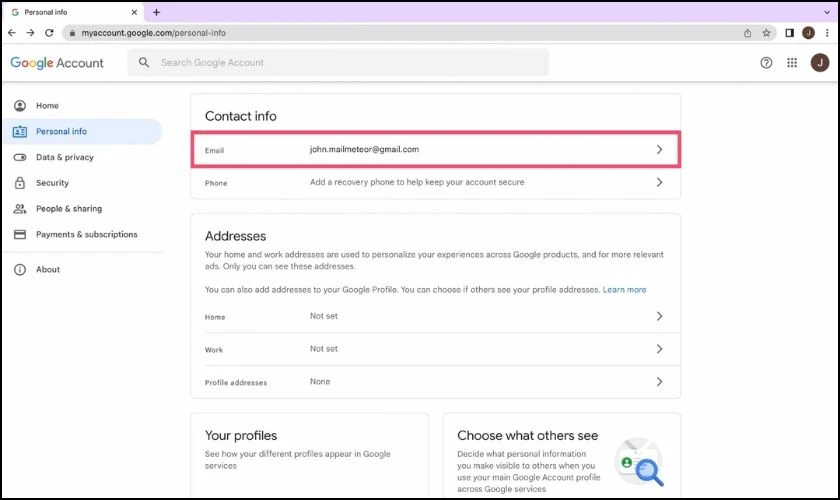 Cách đổi địa chỉ Gmail trên Google sang tên Gmail - Bước 3: Vào phần Thông tin liên hệ