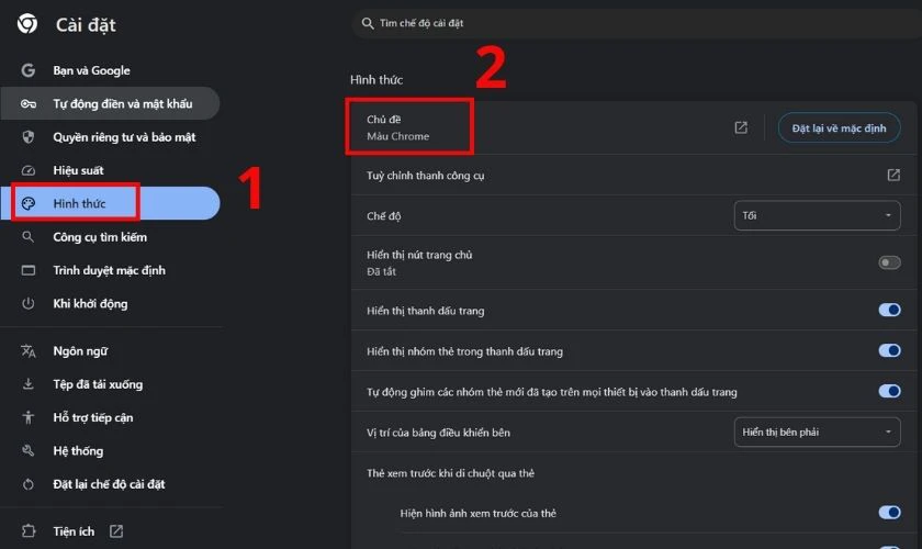 Nhấn vào mục Hình thức và chọn Chủ đề