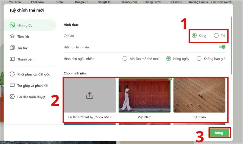 Cách đổi hình nền Google trên Cốc Cốc bằng tab mới