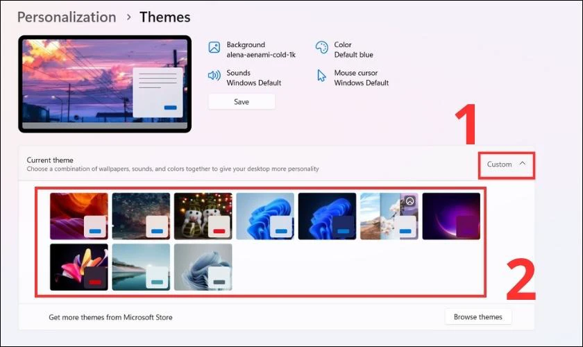 Chọn vào Custom để xem các theme được mặc định trong Win 11