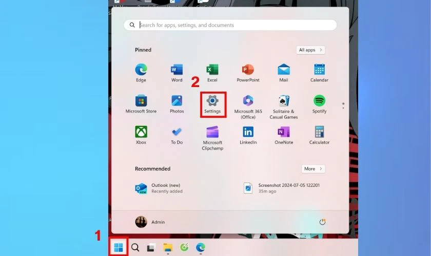 Truy cập vào menu Start, chọn biểu tượng Setting