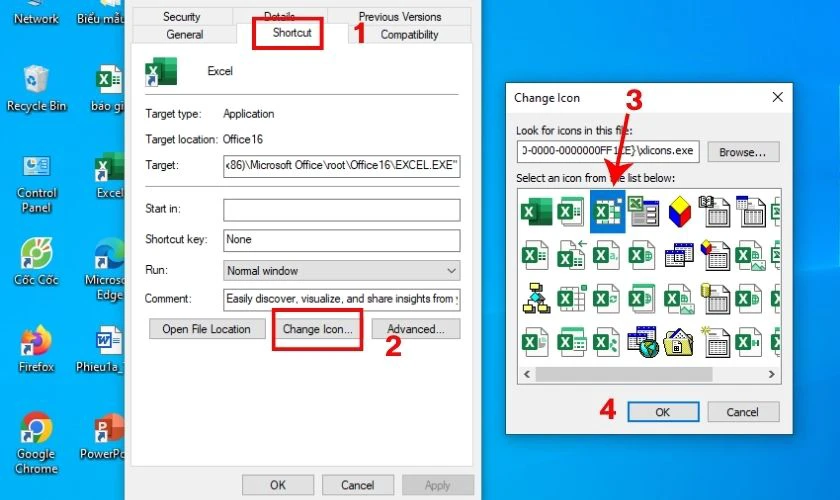 Bấm chuyển tiếp sang tab Shortcut và chọn Change Icon