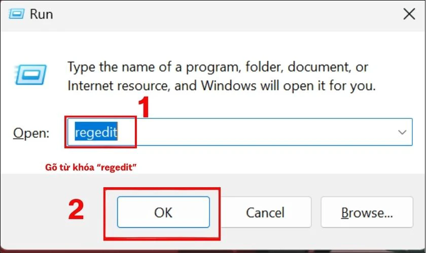 Nhấn tổ hợp phím Windows + R để khởi chạy lệnh Run, nhập regedit