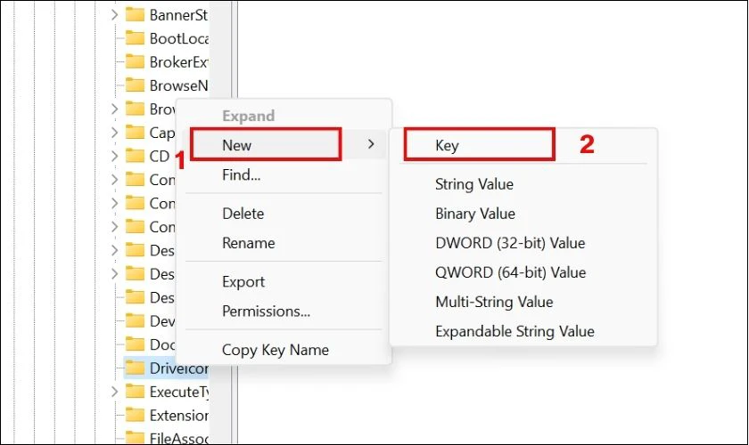 Kích chuột phải vào khóa DriveIcons ở khung bên trái, chọn New, chọn Key