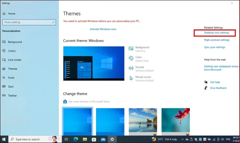 Tại giao diện Themes, tìm chọn Desktop icon settings