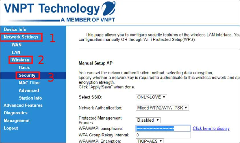 Vào mục Network Settings, chọn Wireless và nhấn mục Security