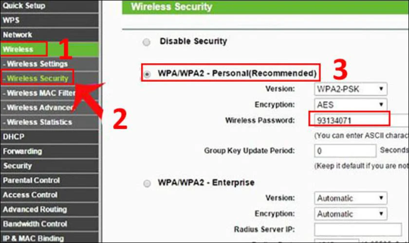 Vào mục Wireless và chọn vào mục Wireless Security