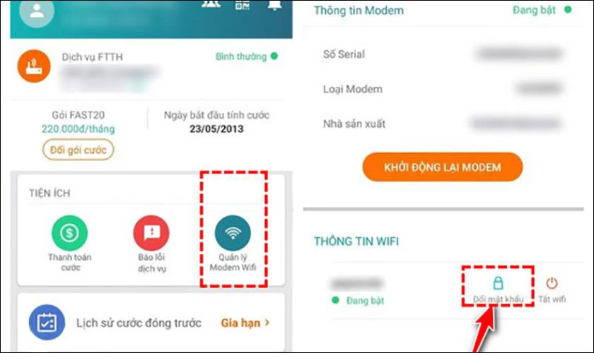 Tiếp theo bạn hãy vào mục Quản lý Modem WiFi và nhấn vào mục Đổi mật khẩu