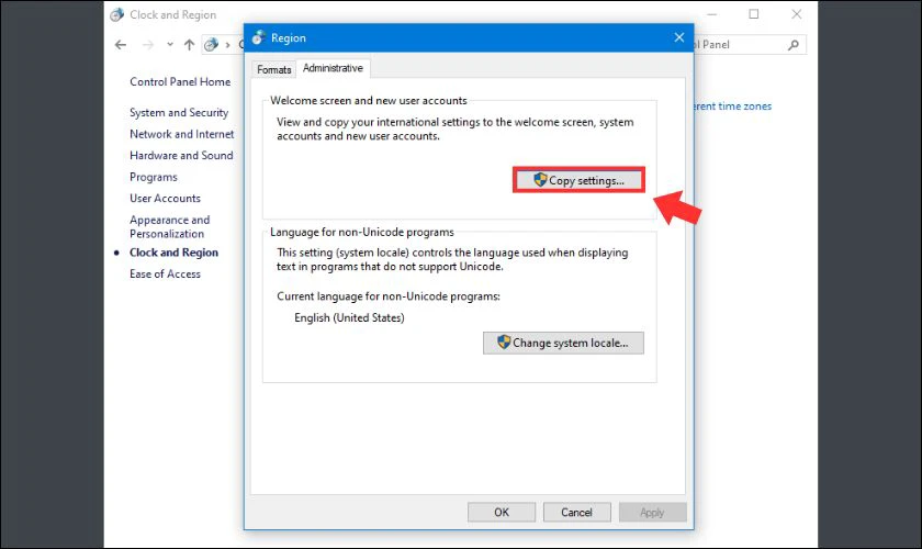 Trong tab Administrative, nhấp vào Copy settings
