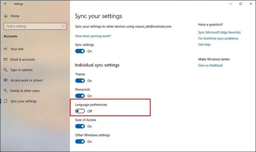 Nhấp vào Sync your settings trong menu bên trái