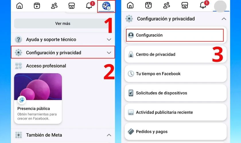 Chọn lại mục Configuración y privacidad