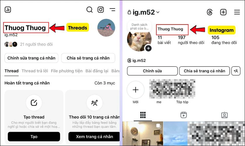 T&ecirc;n Threads sẽ được đổi tự động theo t&ecirc;n Instagram