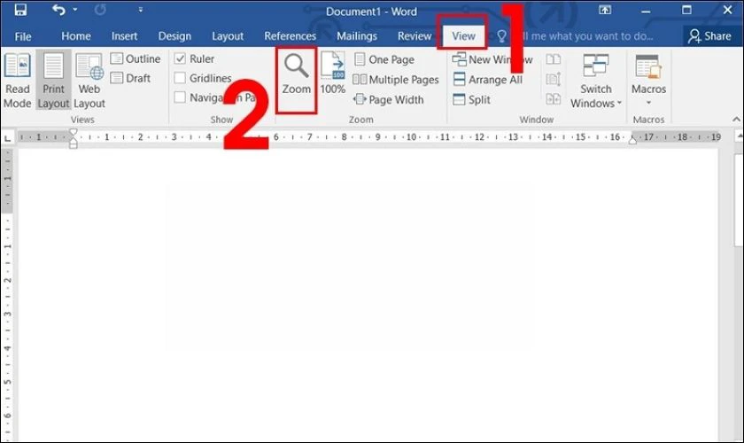 Chọn tab View trong tài liệu Word đang mở rồi bấm Zoom