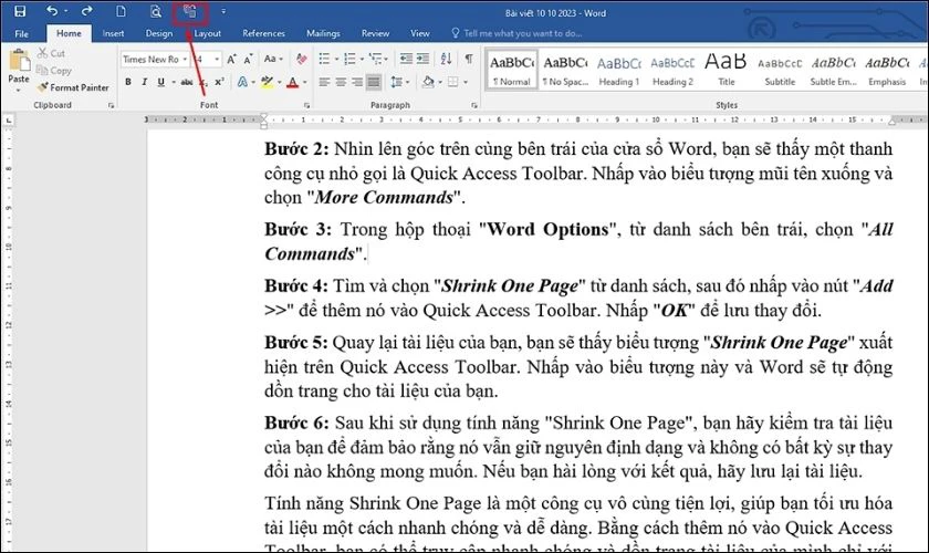 Nhấp vào biểu tượng Shrink One Page để dồn trang nhanh chóng