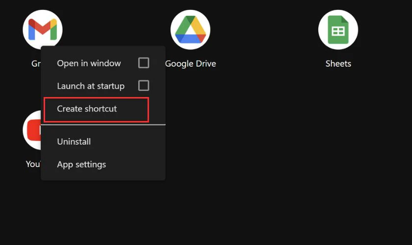 Nhấp chuột phải vào biểu tượng Gmail trên màn hình máy tính và chọn Create shortcut