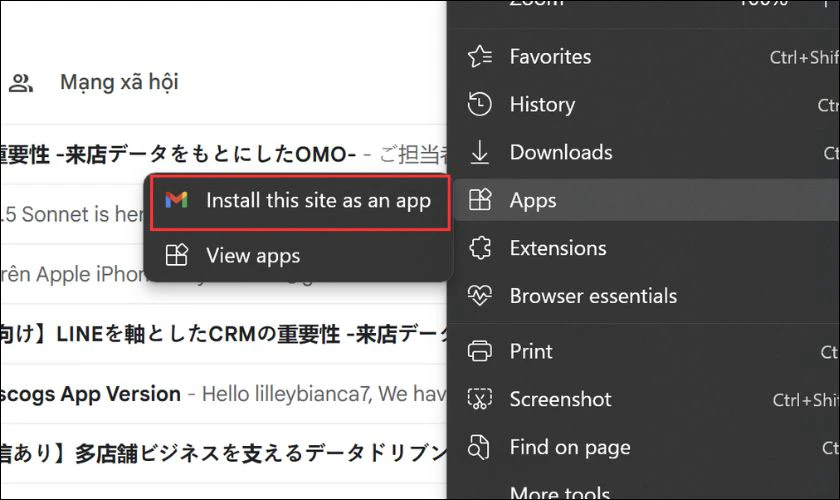 Nhấp vào Install this site as an app để đưa Gmail ra màn hình máy tính
