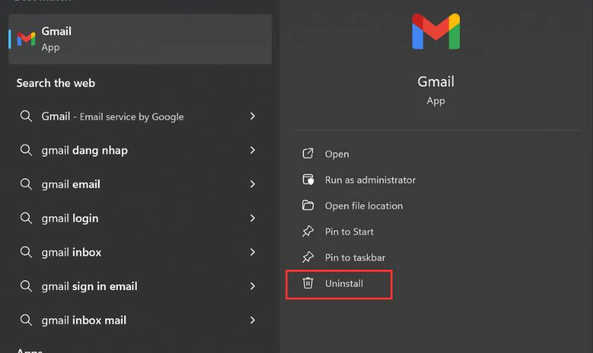 Nhấn chuột trái vào ứng dụng Gmail rồi chọn vào Uninstall trên màn hình máy tính