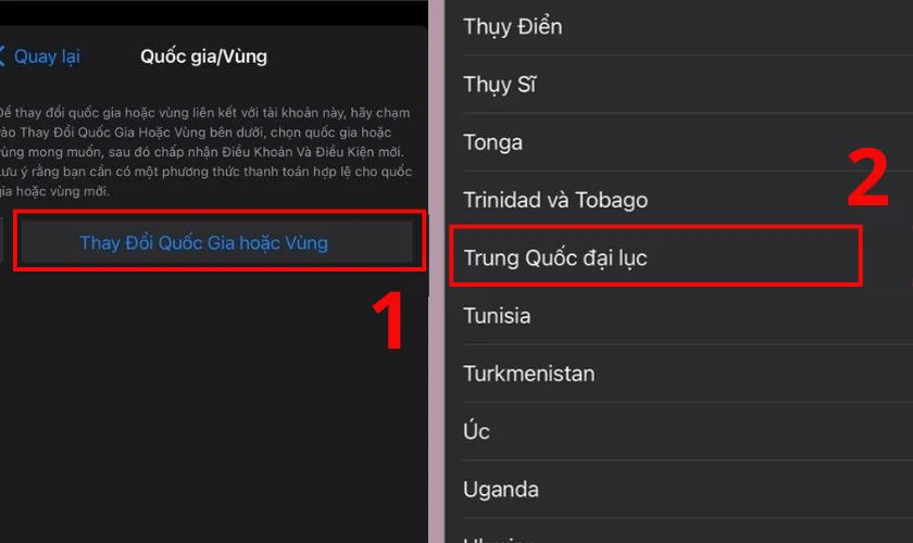 Nhấn Thay đổi quốc gia hoặc vùng, chọn Trung Quốc Đại Lục