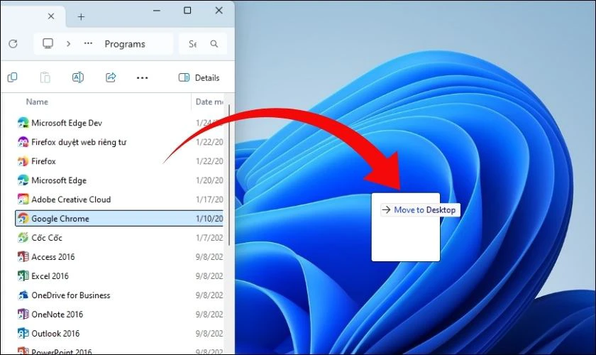 Nhấn giữ chuột trái vào biểu tượng Google Chrome, kéo thả ra màn hình chính
