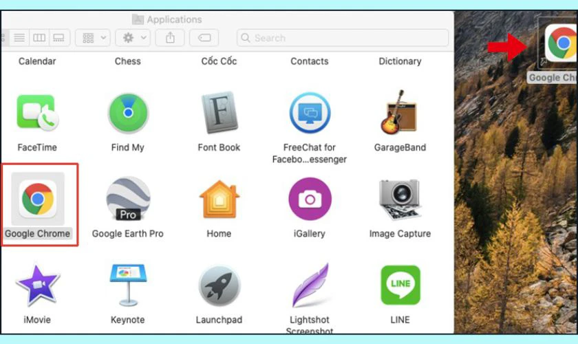 Tìm ứng dụng Google Chrome, nhấn giữ chuột trái và kéo ra màn hình chính