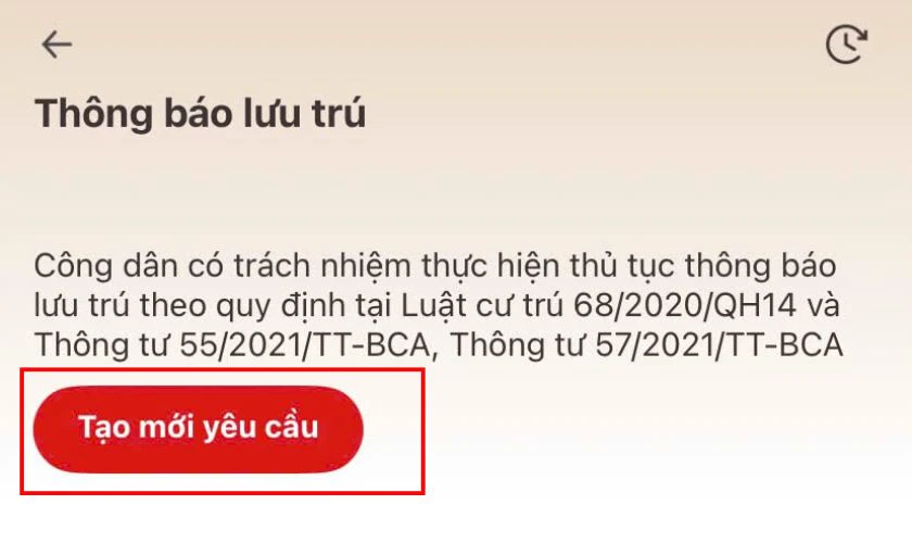 Nhấn vào nút "Tạo mới yêu cầu" để bắt đầu gia hạn tạm trú