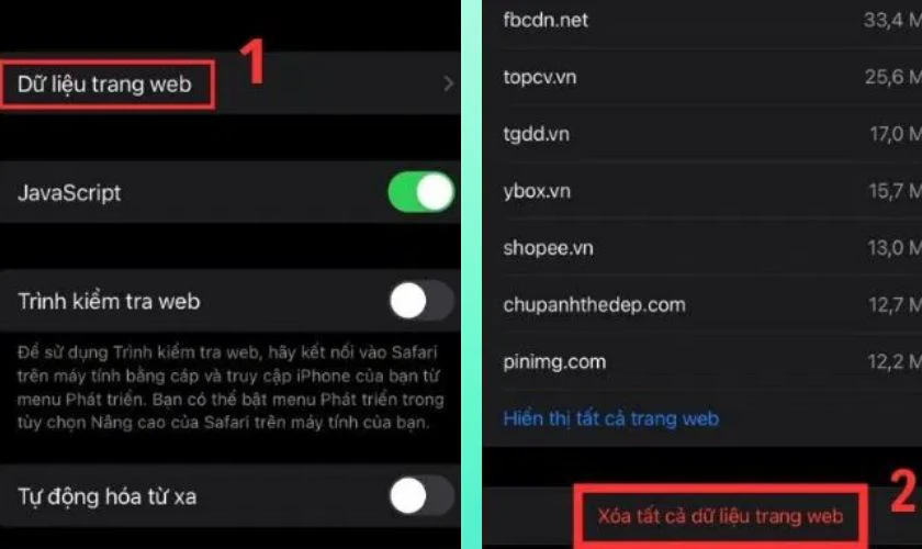 Sau đó, bạn chọn Dữ liệu trang web, tiếp tục chọn Xóa tất cả dữ liệu trang web
