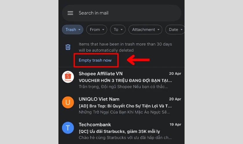 Empty Spam now để hoàn tất việc giải phóng không gian