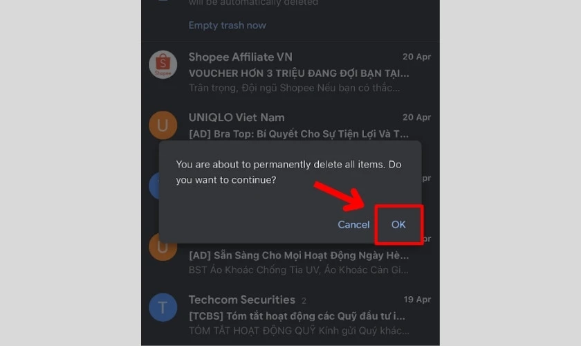 OK là hoàn tất xóa email khỏi Gmail trên iPhone