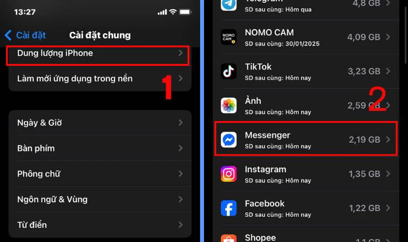 Tiếp đến bạn hãy chọn và mục Dung lượng iPhone và cuộn tìm Messenger