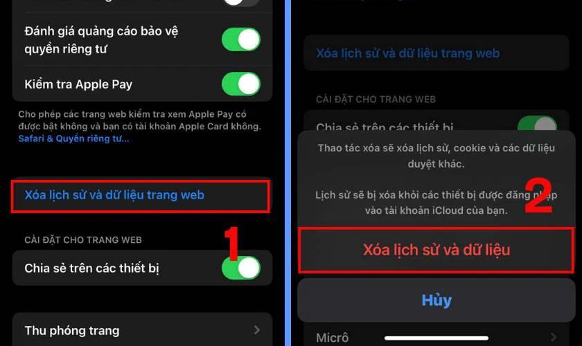 Sau đó, bạn hãy tìm và chọn Xóa lịch sử và dữ liệu trang web