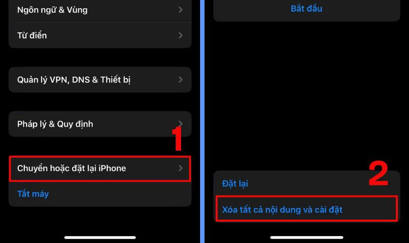 Sau đó, bạn tiếp tục nhấn vào Xóa toàn bộ nội dung và cài đặt