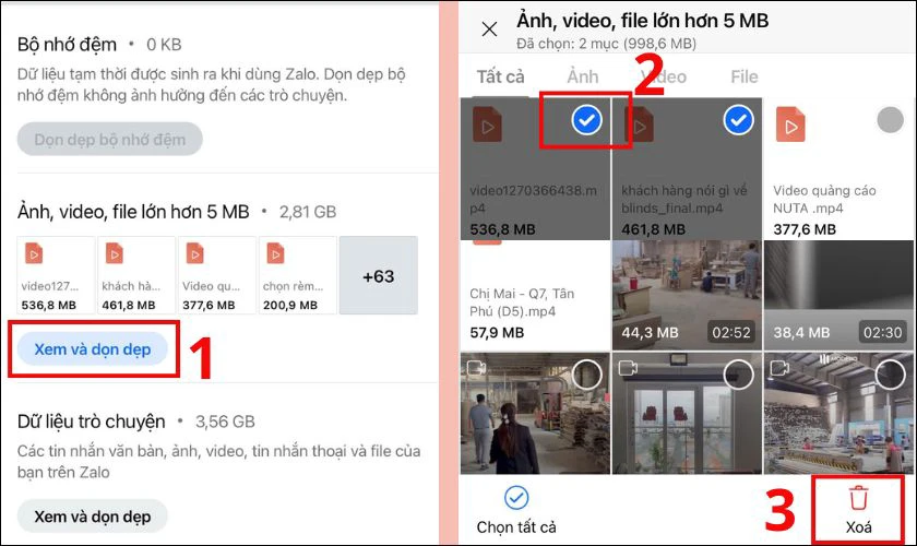 Tích vào những video hoặc hình ảnh cần dọn dẹp và bấm Xóa