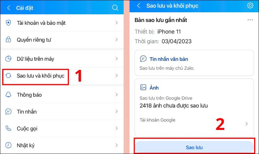 Tại đây bạn tìm và chọn mục Sao lưu và khôi phục