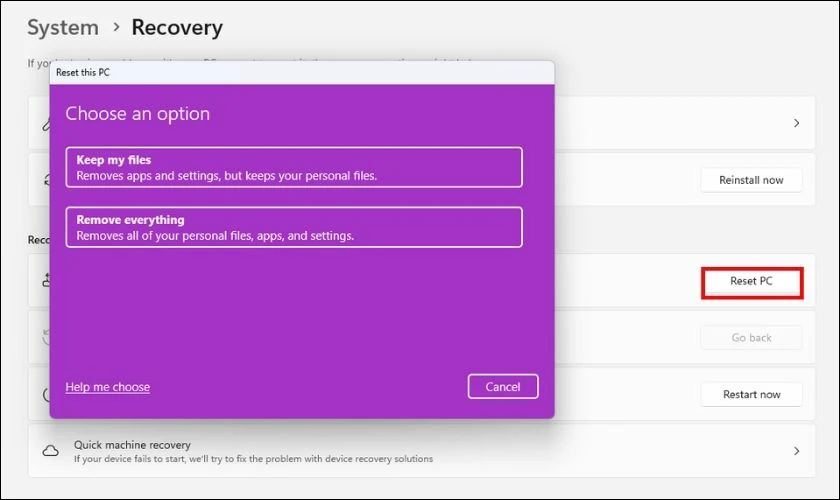 Chọn Reset PC, quyết định giữa Keep my files hoặc Remove everything