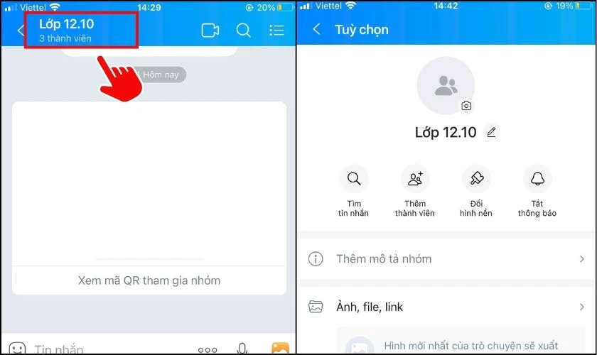 Nhấn vào tên nhóm ở phía trên màn hình để vào trang cài đặt nhóm