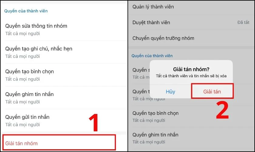 Nhấn Xóa ở thông báo xác nhận để giải tán nhóm Zalo