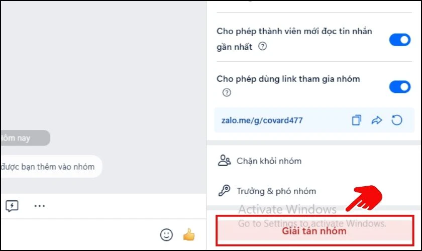 Kéo xuống cuối và nhấn chọn Giải tán nhóm