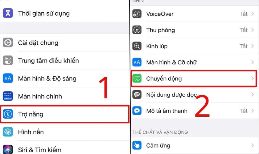 Vào Cài đặt, chọn Trợ năng và bấm Chuyển động